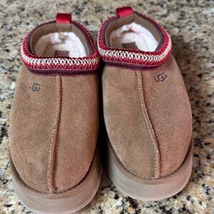 UGG Brown Suede Slip-Ons with Red Trim